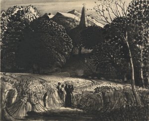 Cornfield and Church by Moonlight (pensel og svart blekk på papir) av Samuel Palmer