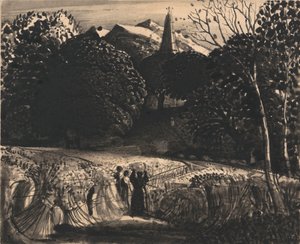 Kornåker og kirke ved måneskinn av Samuel Palmer