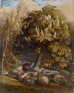 Pastoral med et hestekastanjetre, ca. 1830-31 (akvarell og kroppsfarge) av Samuel Palmer