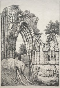 En serie med eldgamle bygninger og landlige hytter i Nord-England: At York, Ruins, 1821. av Samuel Prout