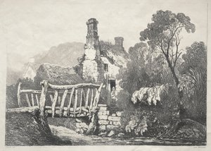 En serie med eldgamle bygninger og landlige hytter i Nord-England: Nær Byland, 1821. av Samuel Prout