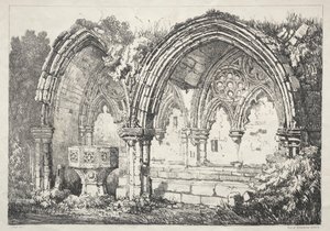 En serie med eldgamle bygninger og landlige hytter i Nord-England: En del av Kirkham Abbey av Samuel Prout