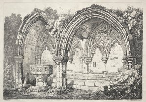 En serie med eldgamle bygninger og landlige hytter i Nord-England: En del av Kirkham Abbey, 182 av Samuel Prout