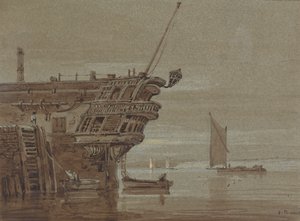 En østindiamann fortøyde, småbåter ved siden av, andre båter lenger unna av Samuel Prout