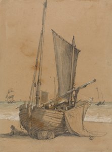 Fiskebåt på stranden med brigg til sjøs av Samuel Prout