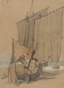 Fiskebåter på stranden med seiltørking av Samuel Prout