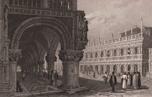 Forkorting av arkaden til Doges palass (Palazzo Ducale) med utsikt over Markusplassen og bibliotekpalasset, Venezia, Veneto, Italia, stålgravering etter tegning av Samuel Prout (1783-1852), ca. 15x11,5 cm