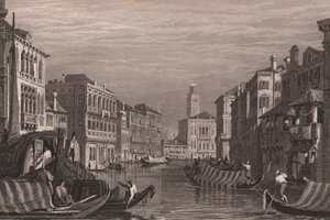 Gondoler på Canal Grande (Canal Grande), Venezia, Veneto, Italia, stålgravering etter tegning av Samuel Prout (1783-1852), ca. 15x11,5 cm av Samuel Prout