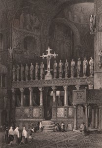 Ikonostase i Markuskirken (Basilica di San Marco), Venezia, Veneto, Italia, stålgravering etter tegning av Samuel Prout (1783-1852), ca. 15x11,5 cm