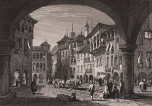 Utsikt over markedsplassen i Domodossola, Piemonte, Italia, stålgravering fra en tegning av Samuel Prout (1783-1852), ca 16x11 cm