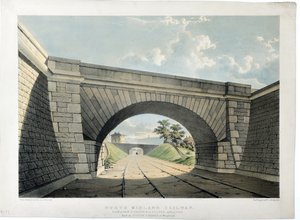 North Midland Railway. Utsikt over New Street Bridge etc i Belper, ser sørover, ca. 1840 (håndfarget litografi på papir) av Samuel Russell