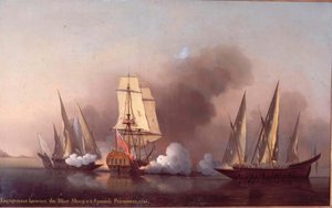 Forlovelsen mellom Blast Sloop og to spanske kapere av Samuel Scott