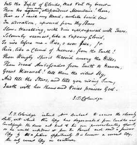 Siste linjer av Coleridges dikt Hymn before Sunrise in the Vale of Chamouni, skrevet med dikternes egen håndskrift og sendt i et brev til fru Brabant av Devizes, 1815