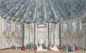 Interiørutsikt over det elegante musikkrommet i Vauxhall Gardens, gravert av H. Roberts, 1752 (håndfarget gravering) av Samuel Wale