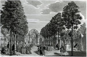 Triumfbuene, Händels statue i South Walk of Vauxhall Gardens, gravert av John S. Muller (håndfarget etsing og gravering) av Samuel Wale