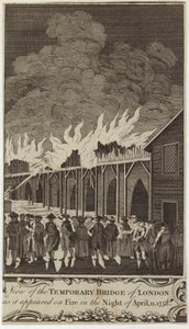 Utsikt over den midlertidige broen i London slik den så ut i brann natt til 11. april 1758 av Samuel Wale