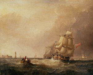 En utsikt over Mersey Harbor og en utsikt over frakt utenfor Douglas, Isle of Man (olje på panel)