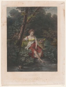 Ung kvinne med krans av blomster og føtter i vannet La Baigneuse (tittel på objekt) av Samuel William Reynolds (I)