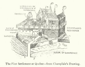 Den første franske bosetningen i Quebec, tidlig på 1600-tallet (litho)