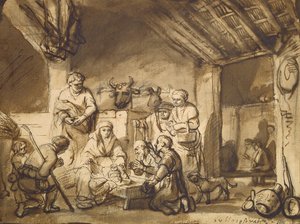 Adoration of the Shepherds, ca. 1646 (penn og pensel og blyant på papir) av Samuel van Hoogstraten