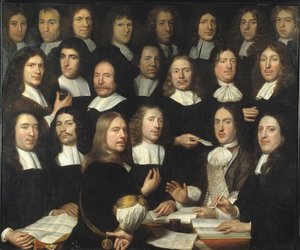 Gruppeportrett av myntmesterne i Dordrecht (Portrait de groupe des maitres et des officers de la monnaie de Dordrecht) - Peinture de Samuel Dirksz van Hoogstraten (1627-1678) - 1674 - Olje på lerret - 139,5x166 - Dordrechts Museum av Samuel van Hoogstraten