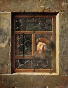 Gammel mann i vinduet - Samuel Dirksz van Hoogstraten (1627-1678). olje på lerret