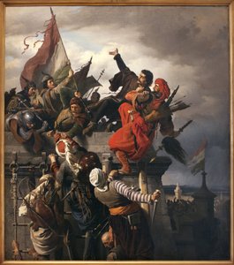 Offeret til Titusz Dugovics (? -1456). Ungarske nasjonale helter, som ble utmerket under beleiringen av Beograd av det osmanske riket. Maleri av Sandor Wagner (1838-1919), Olje på lerret