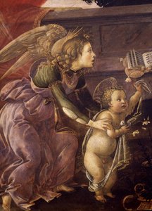 Madonna og barn med tre engler (Madonna del Padiglione), detalj av engelen med Kristus av Sandro Botticelli