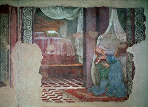 Jomfruen til kunngjøringens detalj. Fresco av Alessandro di Mariano dei Filipepi dit Sandro Botticelli (1445-1510). 1481 søn. 245x535 cm Firenze, Uffizi-galleriet (kontorer) av Sandro Botticelli