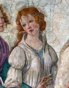 Venus and the Graces ofrer gaver til en ung jente Detalj som representerer Graces (charites). Freske av Villa Lemmi. Maleri av Sandro Botticelli (1444-1510) av Sandro Botticelli