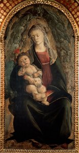 Jomfru og barn i herlighet omgitt av Seraphin-engler Detrempe på tre av Alessandro di Mariano dei Filipepi, dit Sandro Botticelli (1445-1510) 1469-1470 Dim.120x65 cm Florence Uffizi Gallery (Uffizi) av Sandro Botticelli