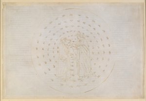 La Divina Commedia, Paradiso VII. Den andre planetsfæren (Merkurs himmel): Beatrice innvier Dante i vanskelige spørsmål om guddommelig rettferdighet, menneskets arvesynd og frelsen gjennom Kristi død av Sandro Botticelli