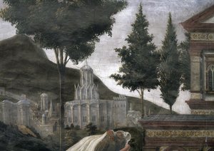 Renselsen av den spedalske og Kristi fristelse, i det sixtinske kapell: detalj av en imaginær by i et landskap, freskomaleri fra 1481 av Sandro Botticelli