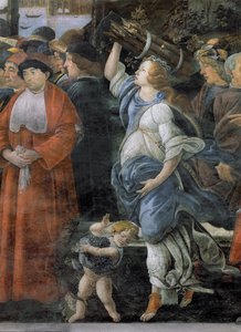 Renselsen av den spedalske og Kristi fristelse, i det sixtinske kapell: detalj av kvinne som bærer ved og liten gutt som bærer druer, freske fra 1481 av Sandro Botticelli