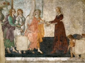 Venus and the Three Graces ofrer gaver til en ung jente, 1484-1486 av Sandro Botticelli