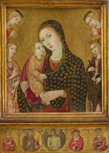 Madonna og barn med den døde Kristus, de hellige Agnes og Katarina av Alexandria...ca. 1470-80. av Sano di Pietro