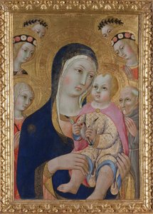 Madonna med barnet, de hellige Apollonia og Bernardino og fire engler, ca 1460 av Sano di Pietro