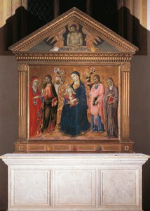 Madonna og barn med hellige og Kristus i Pieta av Sano di also Ansano di Pietro di Mencio Pietro
