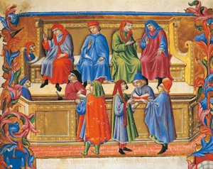 Trade Tribunal miniatyr fra Statutes of the Merchants av Sano di Pietro (1472), Italia 15. århundre.