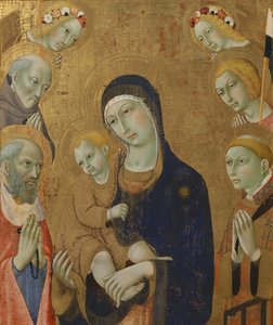 Jomfru og barn, engler og helgener (maleri på tre) av Sano di also Ansano di Pietro di Mencio Pietro