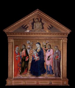 Jomfru og barn med Sts. James, Philip, Anne og Mary Magdalene - olje på tre av Sano di also Ansano di Pietro di Mencio Pietro