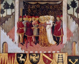 Bryllupsseremoni for et par av adelen i byen Siena Maleri av Sano di Pietro (1406-1481) som dekorerer en Biccherna (omslaget til regnskapsregisteret til byen Siena) 1473. Siena Archivio di Stato, Italia av Sano di also Ansano di Pietro di Mencio Pietro