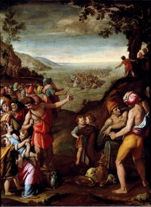 Rødehavspassasjen Det hebraiske folket, på flukt fra Egypt, krysser Rødehavet, ledet av Moses. Maleri av Santi di Tito (1536-1603) Firenze, skap av Francois I, Palazzo Vecchio