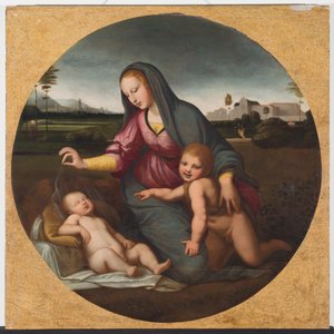 Madonna og barn med den unge St. John, ca. 1500 (olje på tre) av Sanzio of Urbino (follower of) Raphael