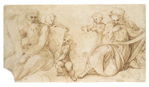 To profeter med ruller sittende med putti som holder tabletter av Sanzio of Urbino Raphael
