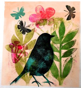 Fugl og sommerfugl, 2019 (blekk mono print) av Sarah Thompson Engels