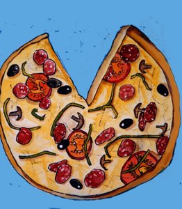 Pizza, 2017, (monoprint med blekk) av Sarah Thompson Engels
