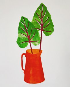 'Rød kanne med blader' 2020 (monoprint) av Sarah Thompson Engels