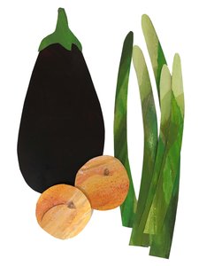 asparges, aprikoser, aubergine, 2019 (collage)