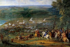 Tretti års krig: "" Utsikt over slaget ved Rocroy (Rocroi) den 19/05/1643 mot de franske troppene til hertugen av Enghien og de spanske troppene til Francisco de Melo"" Detalj, maleri av Sauveur Le Conte (Leconte) , Le Comte, Lecomte) (1659-1694)